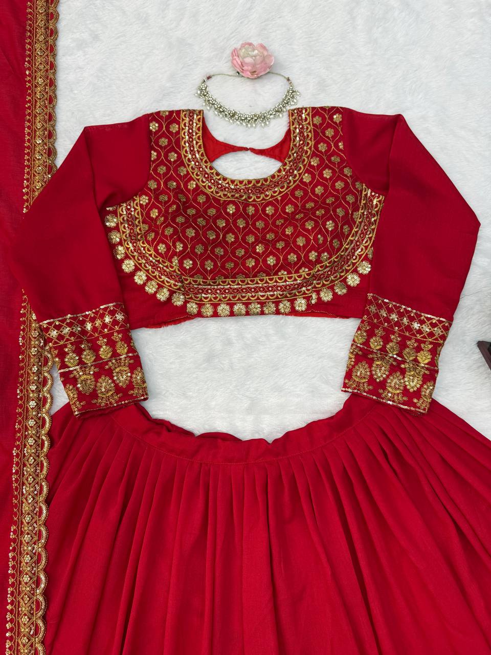 Classic Crimson Red Bridal Lehenga Choli Featuring Opulent Gold Zari Embroidery and Scalloped Borders